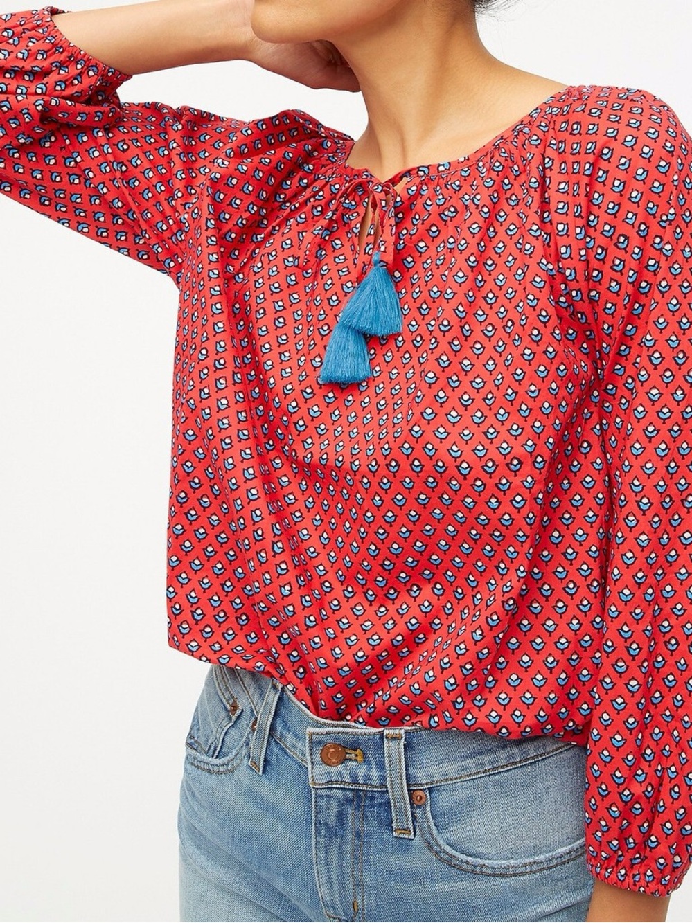 J. Crew Raglan Cotton Popover Top Blouse Flowy Shirt Red White Blue Medium $98